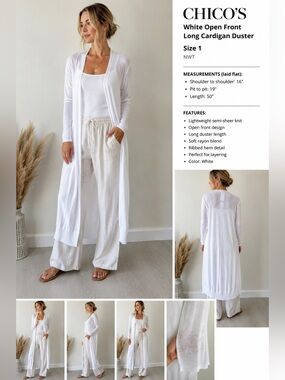 Chico’s White Open Front Long Cardigan Duster Size 1 Lightweight Rayon Blend NWT